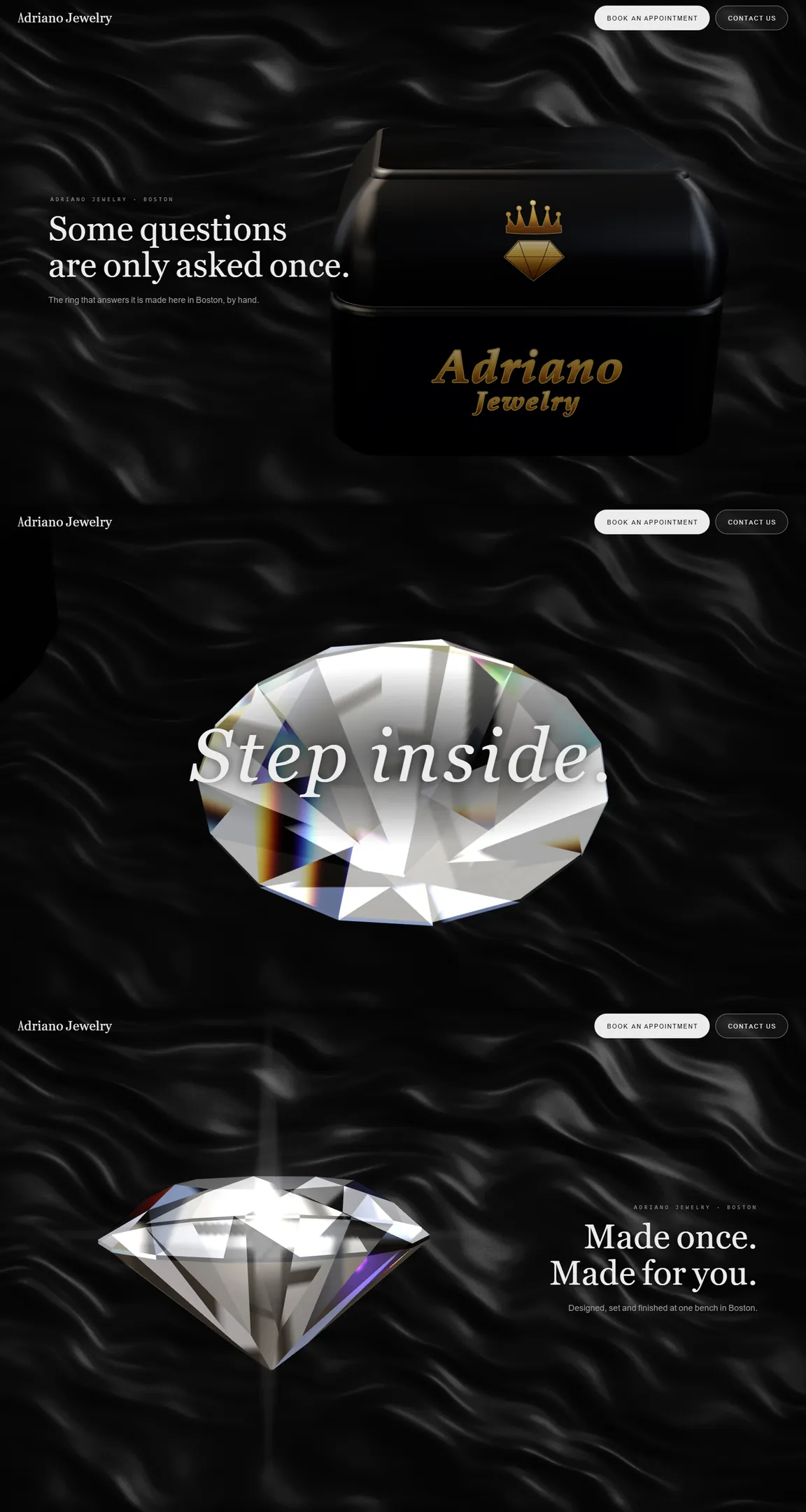 Adriano Jewelry homepage: a ring box opening in a dark room