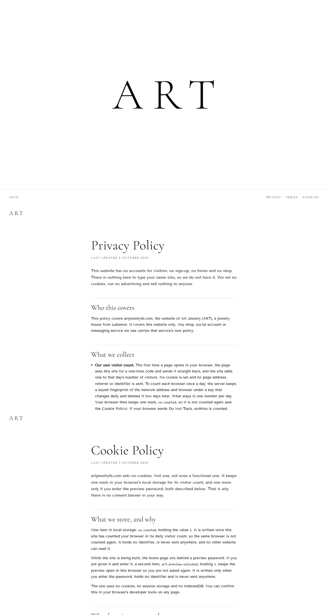 Art Jewelry homepage: the word ART set alone in a light serif