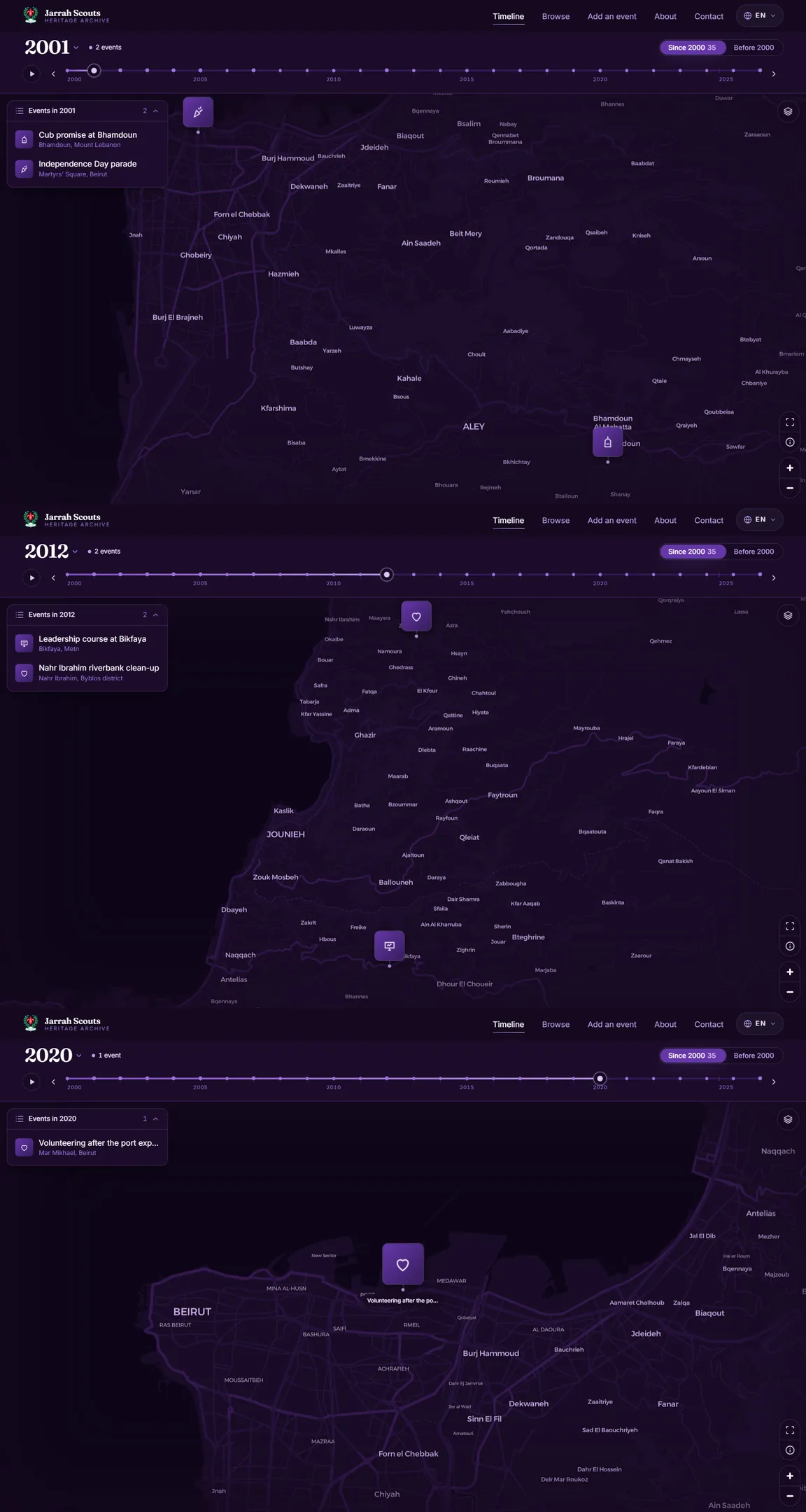Jarrah Scouts timeline: a map of Lebanon framed on one year's events