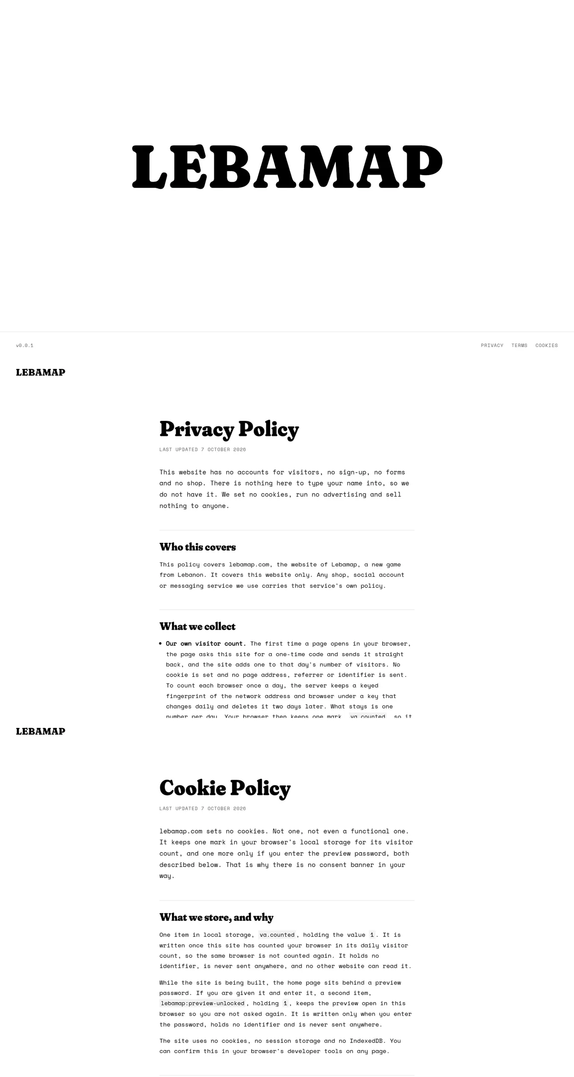 Lebamap homepage: the word LEBAMAP set alone in a heavy retro serif