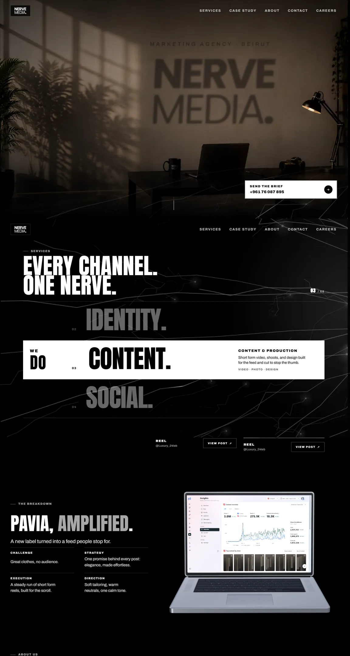 Nerve Media homepage: the wordmark multiplied across a studio wall
