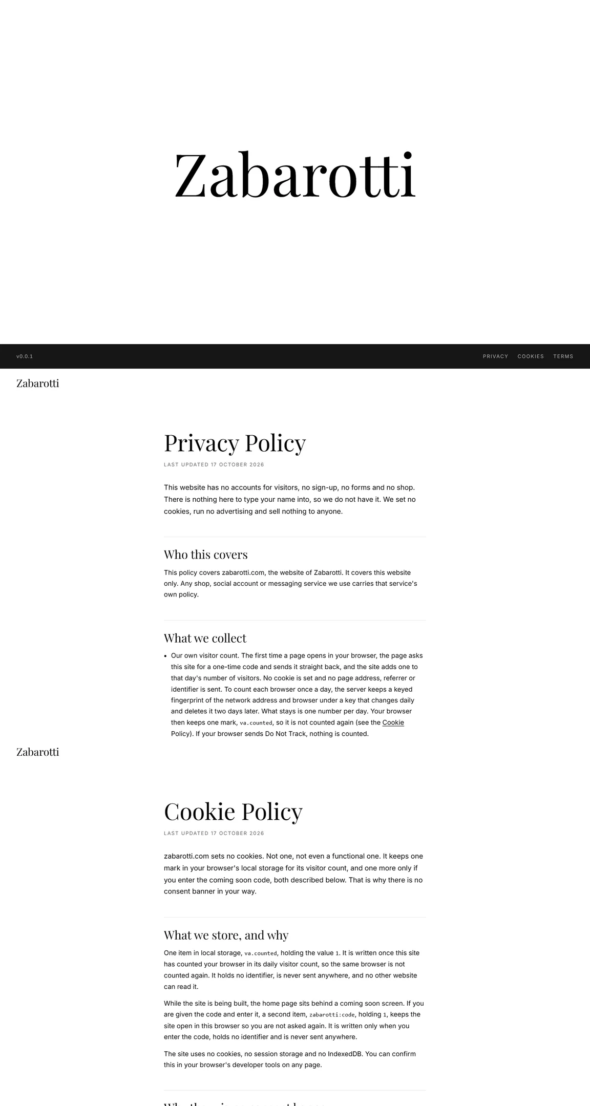 Zabarotti homepage: the name Zabarotti set alone in a high-contrast serif